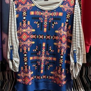 Multiples Geometric Print Blue and Orange Blouse